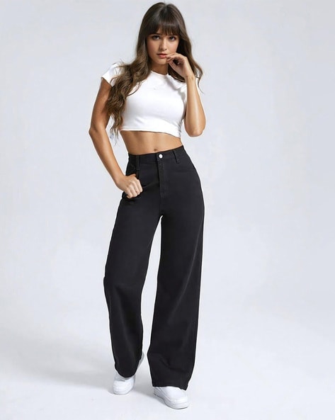 Jet Black Wide Leg Bell Bottom High Waist Jeans For Women & Girl