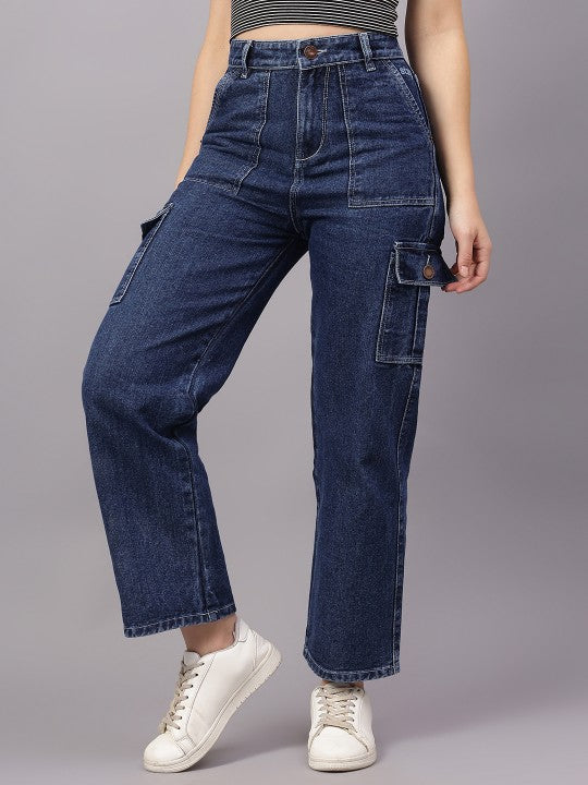 Women Mid-Rise Comfort Straight Fit Cargo Jeans