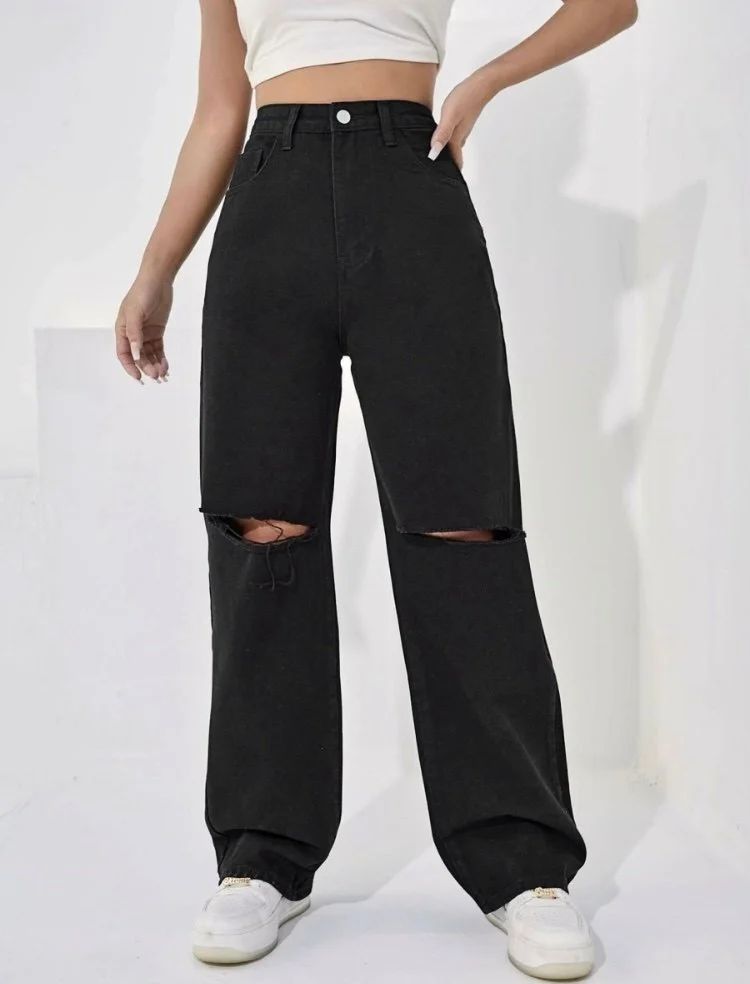 Women Black Wide Leg High-Rise Slash Knee Jeans