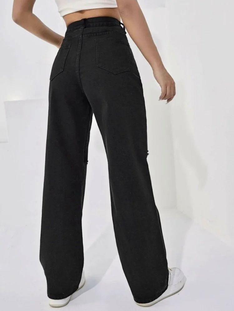 Women Black Wide Leg High-Rise Slash Knee Jeans