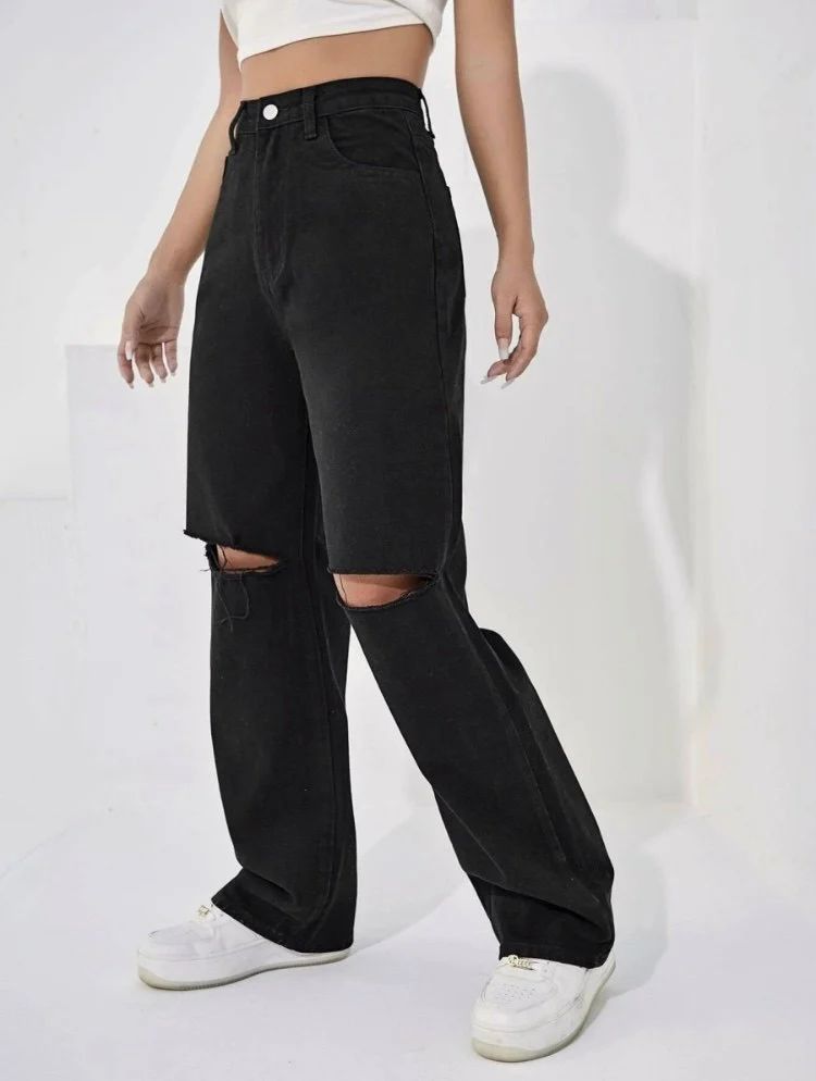 Women Black Wide Leg High-Rise Slash Knee Jeans